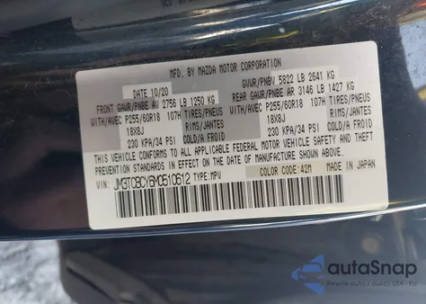 2021 Mazda Cx-9 Touring z USA, uszkodzony, nr VIN JM3TCBCY6M0510612